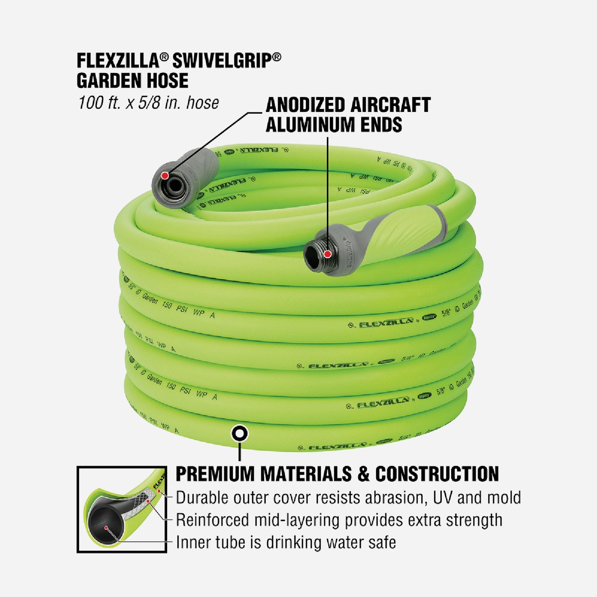 Flexzilla 5/8 In. Dia. x 100 Ft. L. Drinking Water Safe Garden Hose with SwivelGrip Connections Image 3
