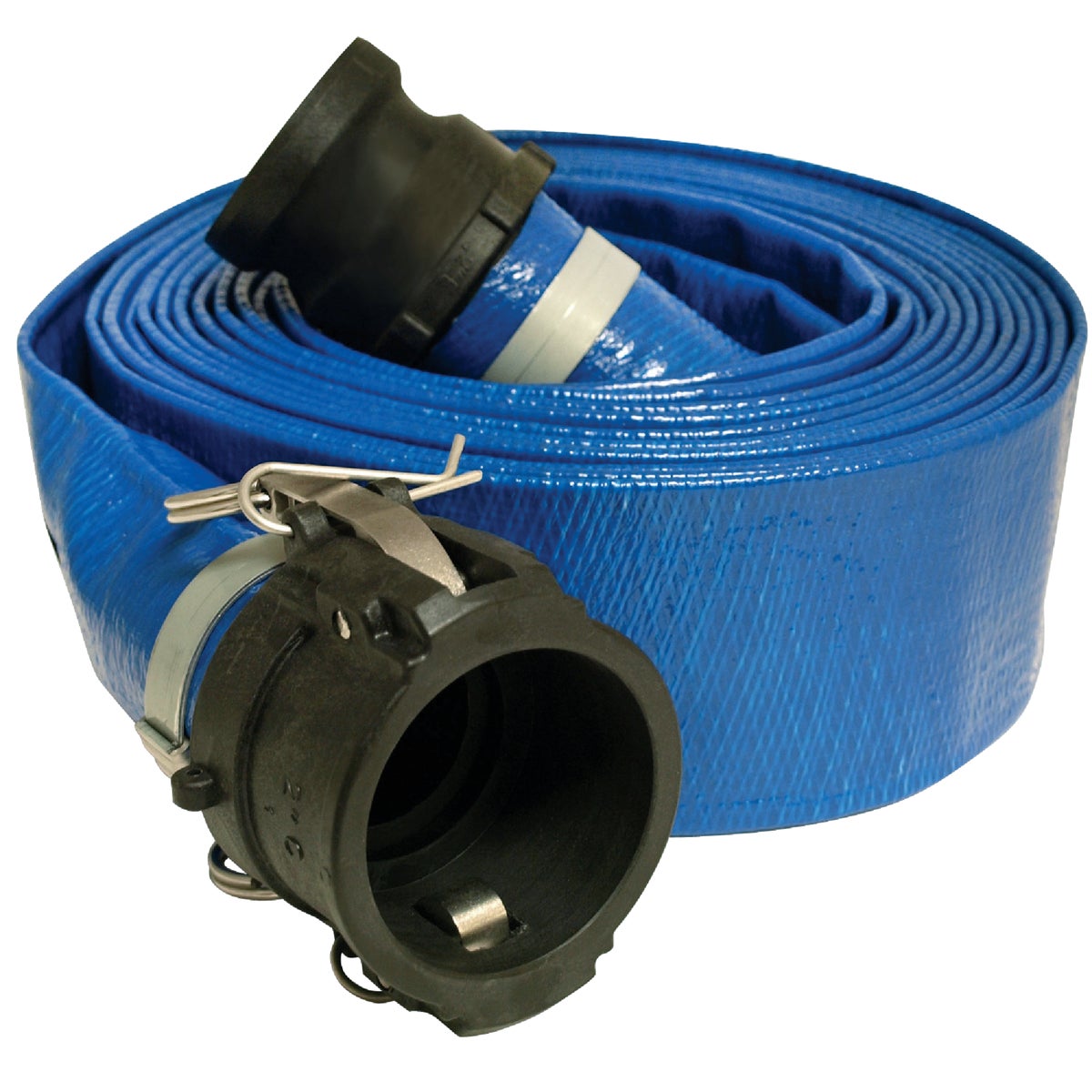 Apache 2 In. x 50 Ft. Blue Lay Flat Discharge Hose with Poly Cam Lock Fittings