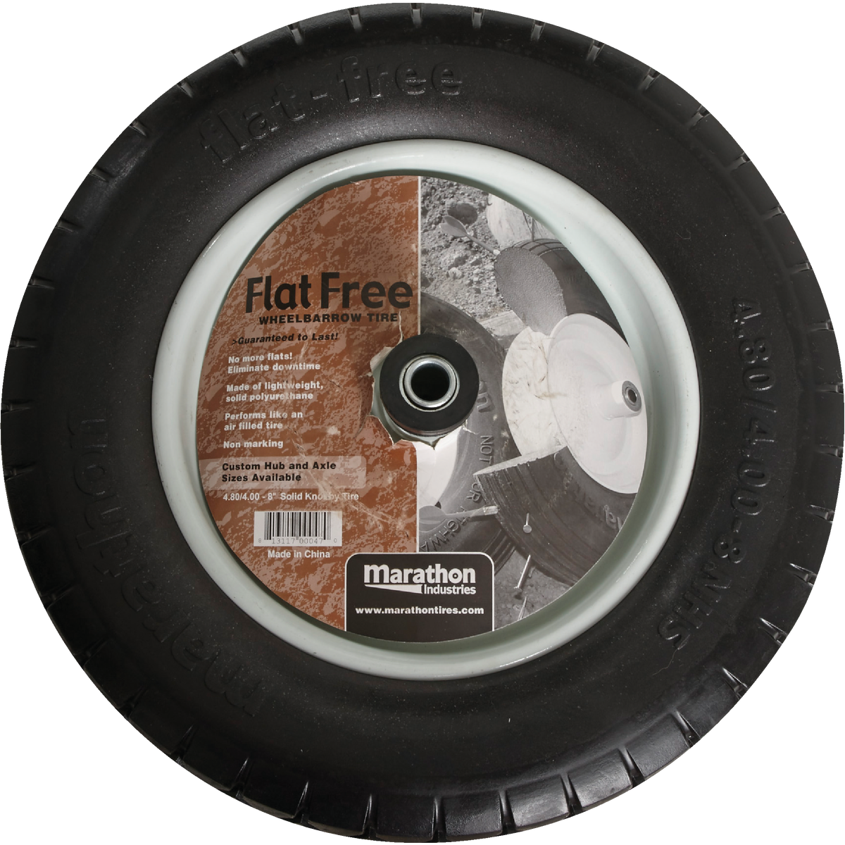 Marathon 16 x 480/400-8 In. Flat Free Wheelbarrow Wheel with Knobby Tread Image 2