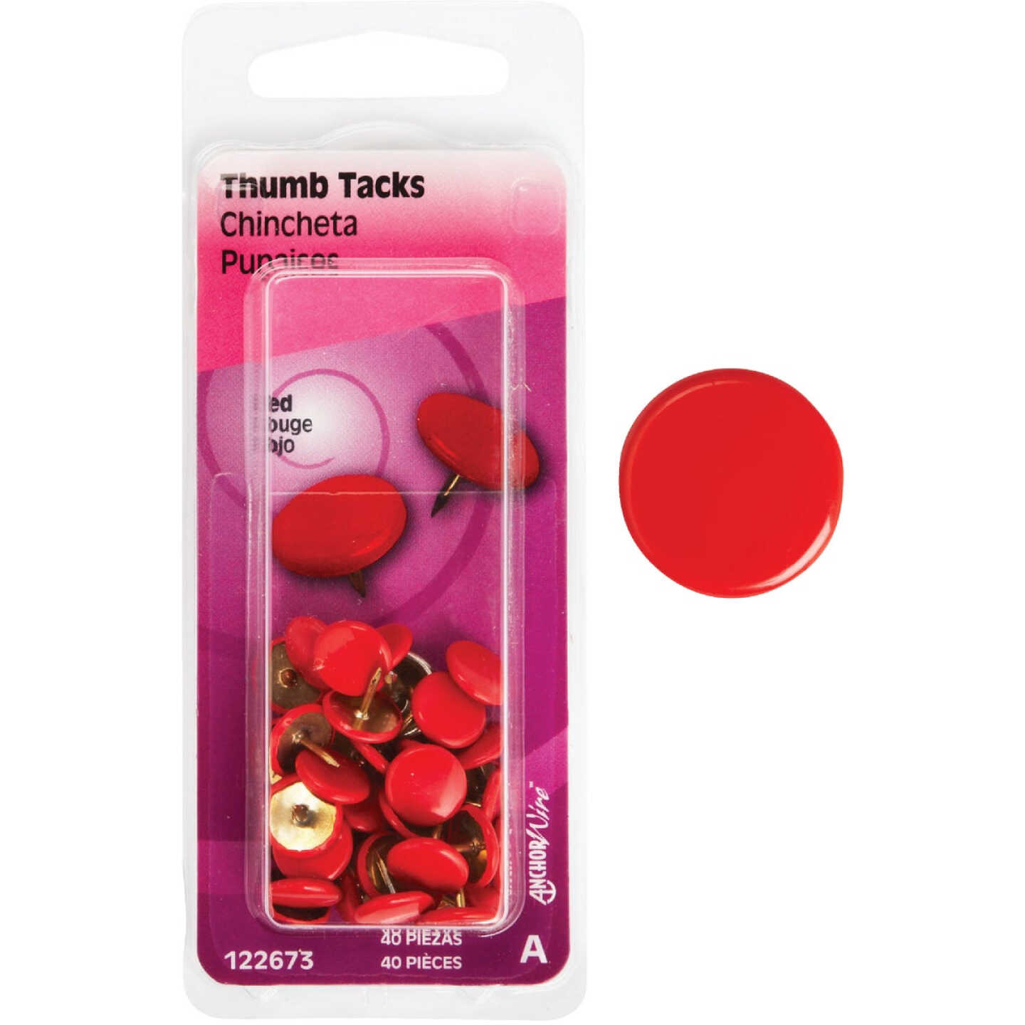 Hillman Anchor Wire Red 23/64 In. x 15/64 In. Thumb Tack (40 Ct.) Image 1