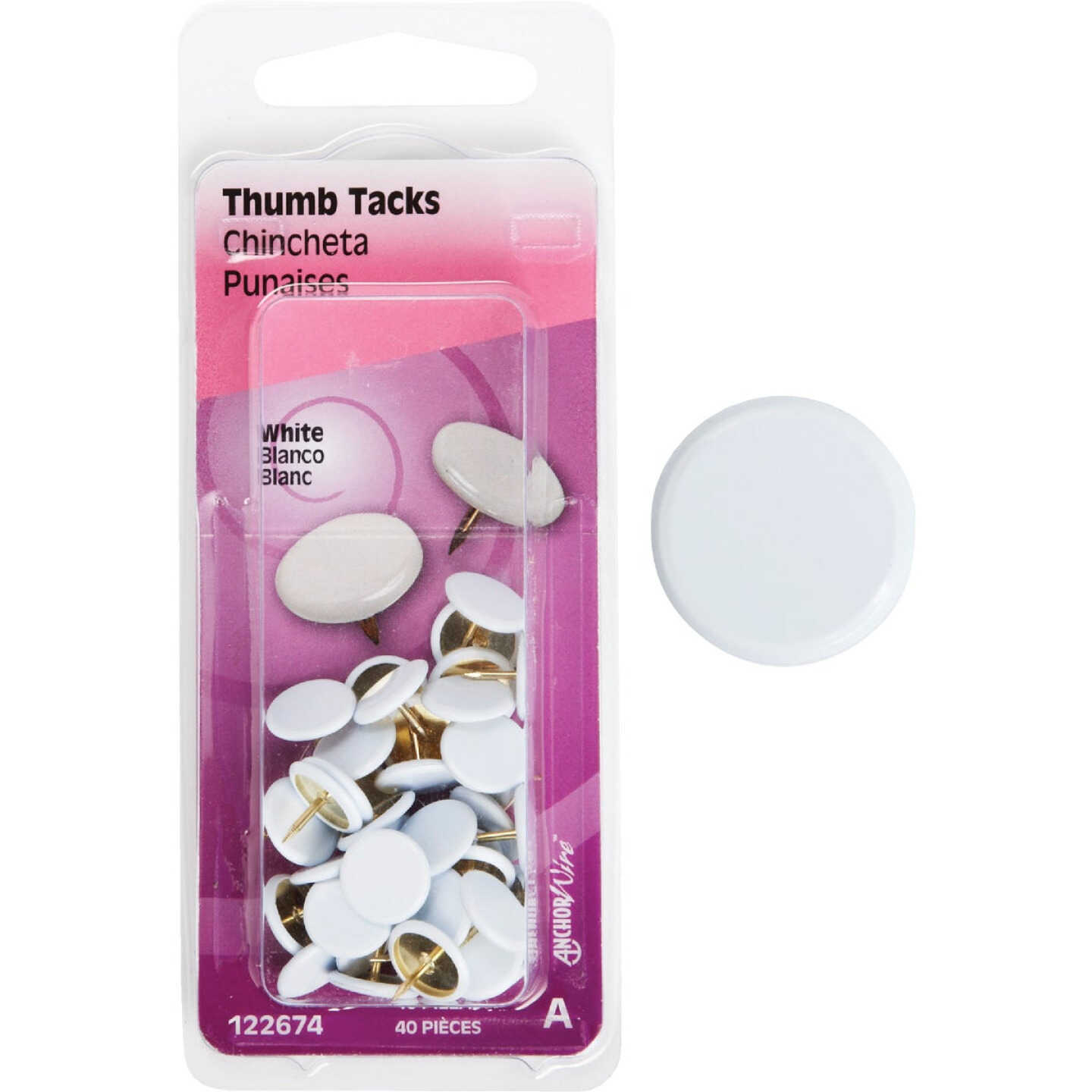 Hillman Anchor Wire White 23/64 In. x 15/64 In. Thumb Tack (40 Ct.) Image 1