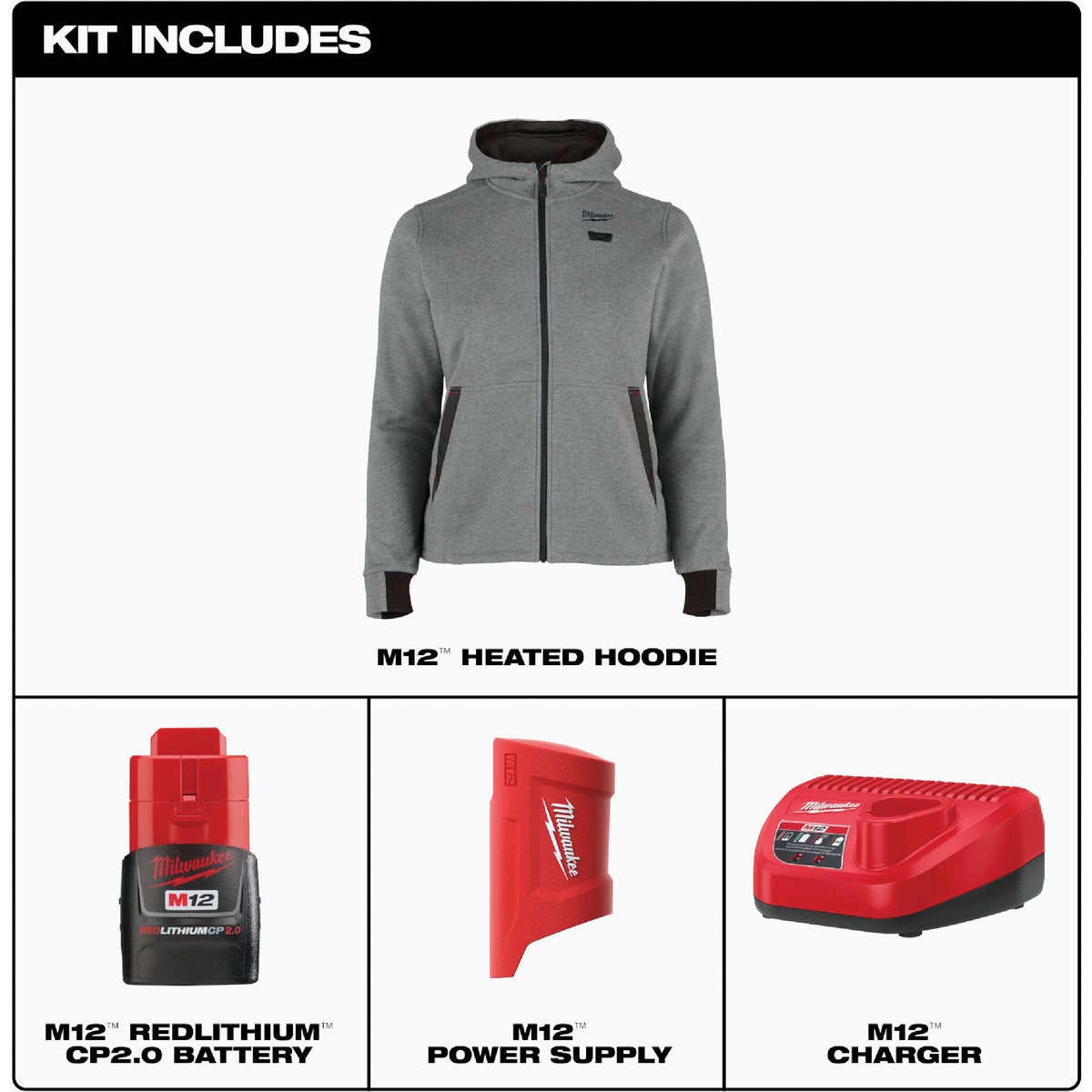Milwaukee M12 Women's Medium Gray Full-Zip Heated Hoodie Kit Image 5