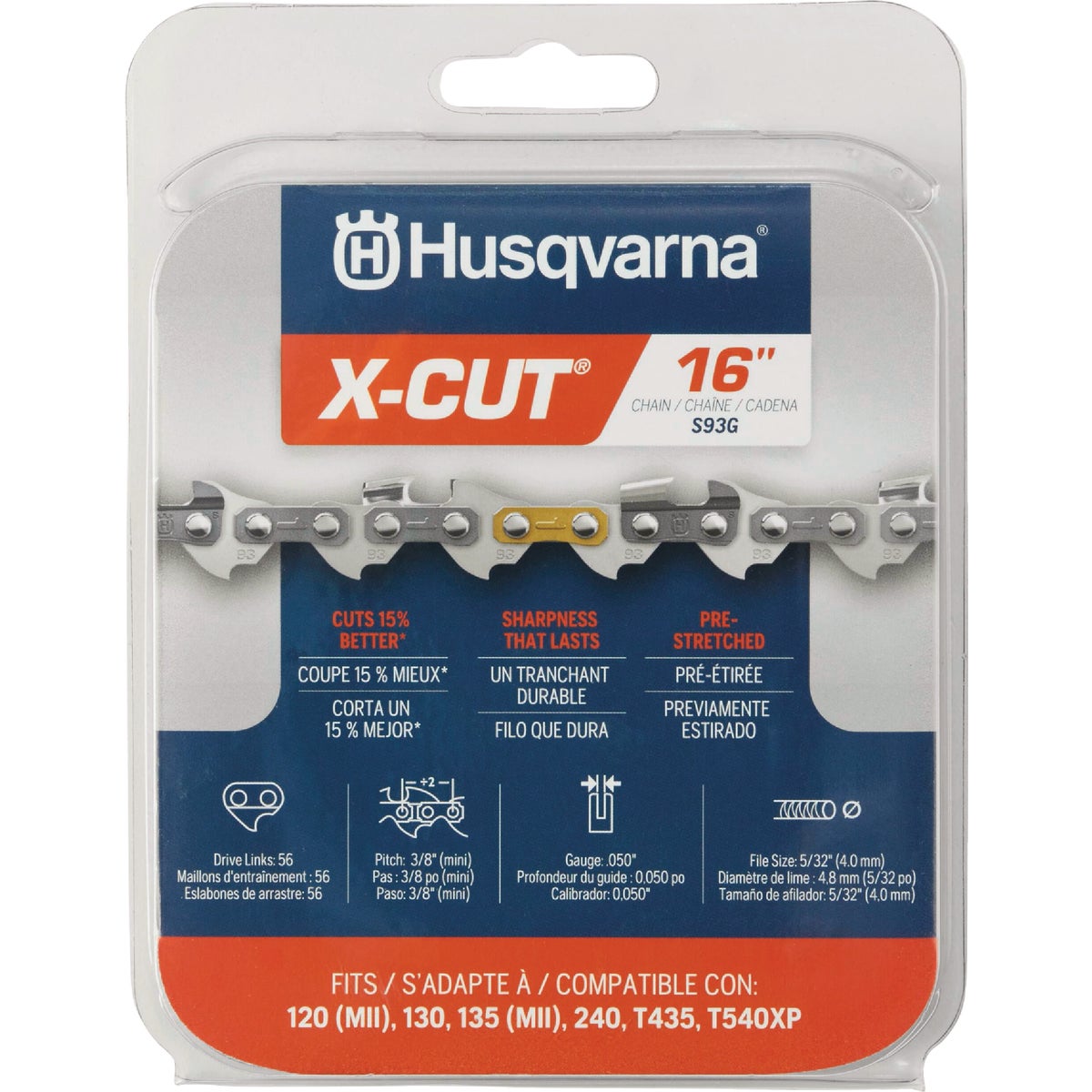 Husqvarna S93G X-Cut 16 In. 3/8 In. Mini Pitch Semi-Chisel Chainsaw Chain Image 1