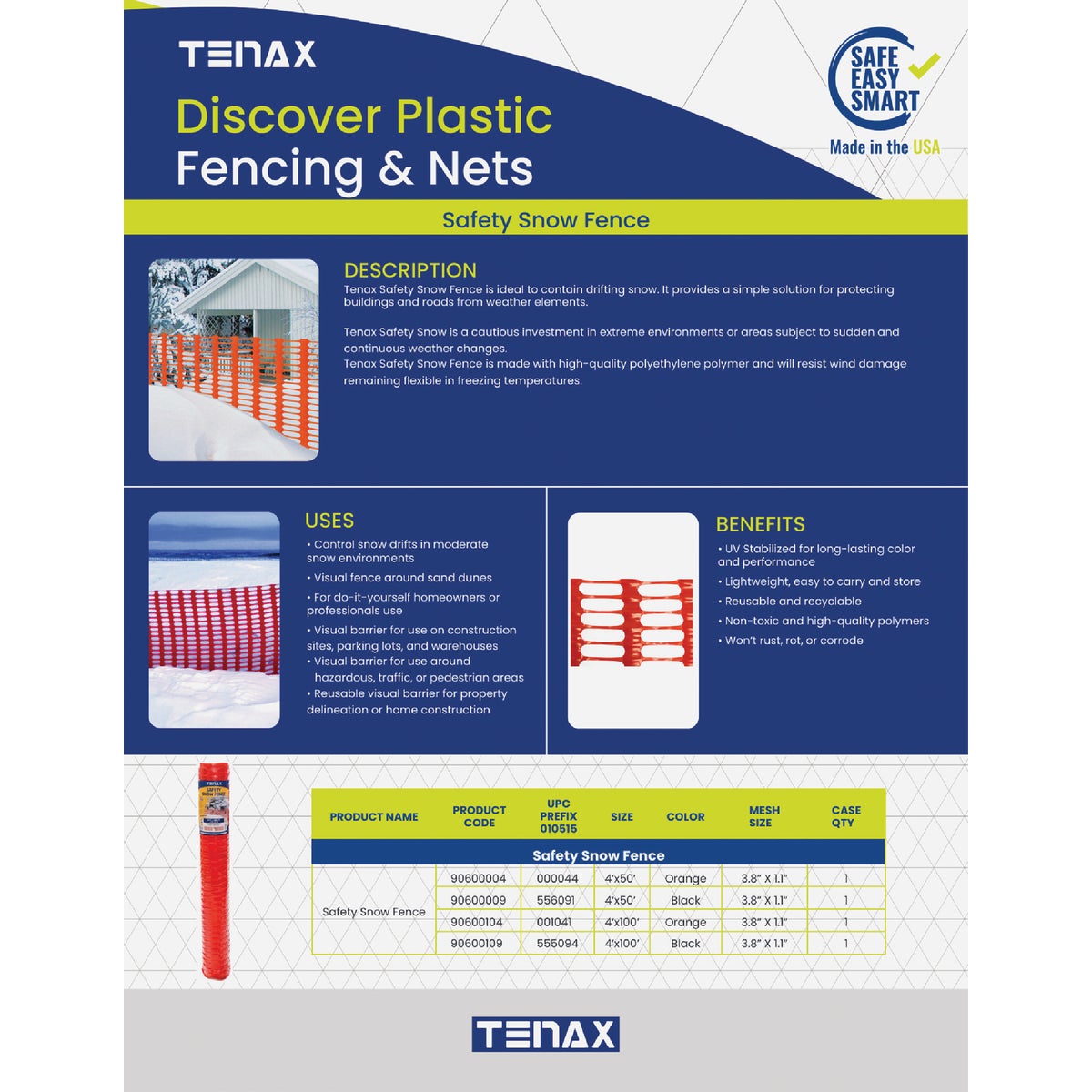 Tenax Saf-T-Sno 4 Ft. H. x 100 Ft. L. Polyethylene Snow Safety Fence, Orange Image 4