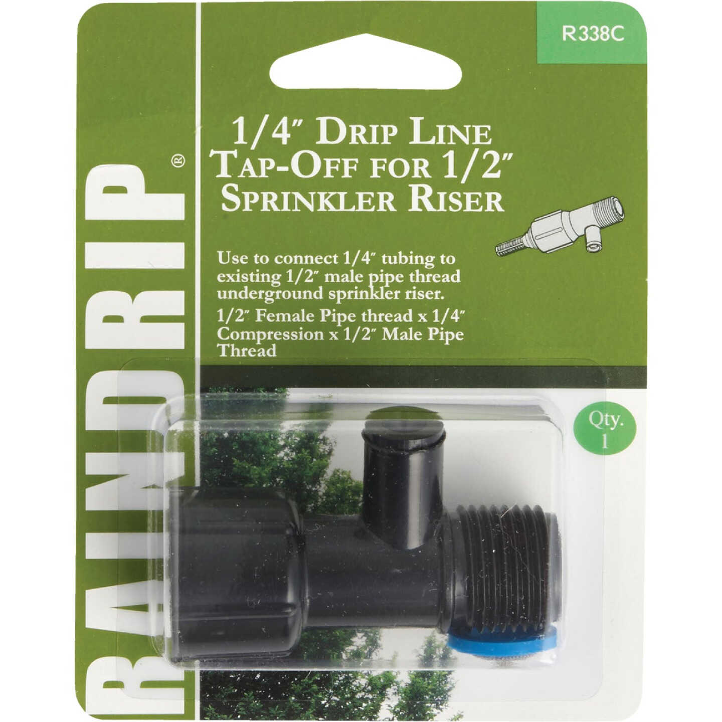 Raindrip 1/2 In. Female Pipe Thread x 1/4 In. Barb x 1/2 In. Male Pipe Thread Drip Line Tap-Off Sprinkler-To-Drip-Adapter Image 1