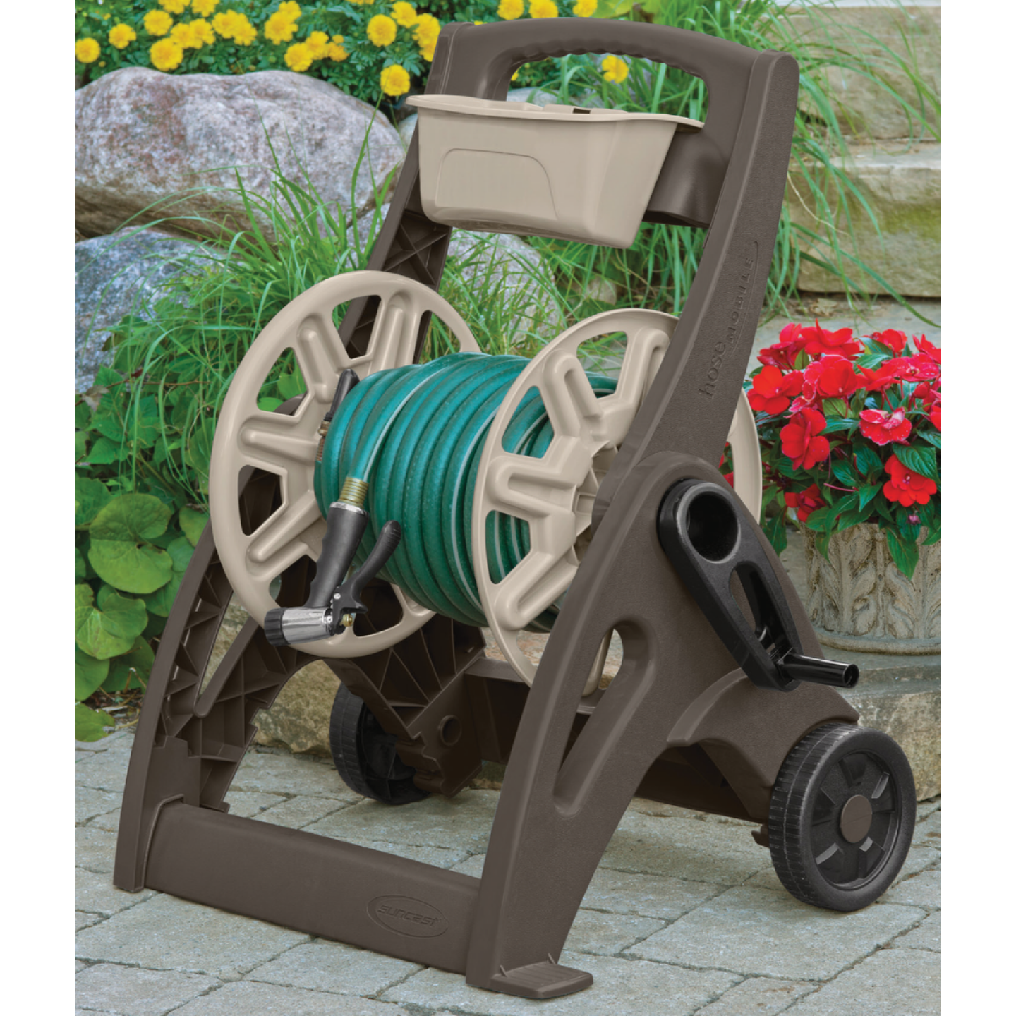 Suncast 225 Ft. x 5/8 In. Taupe & Bronze Hosemobile Resin Hose Reel with Storage Bin Image 1