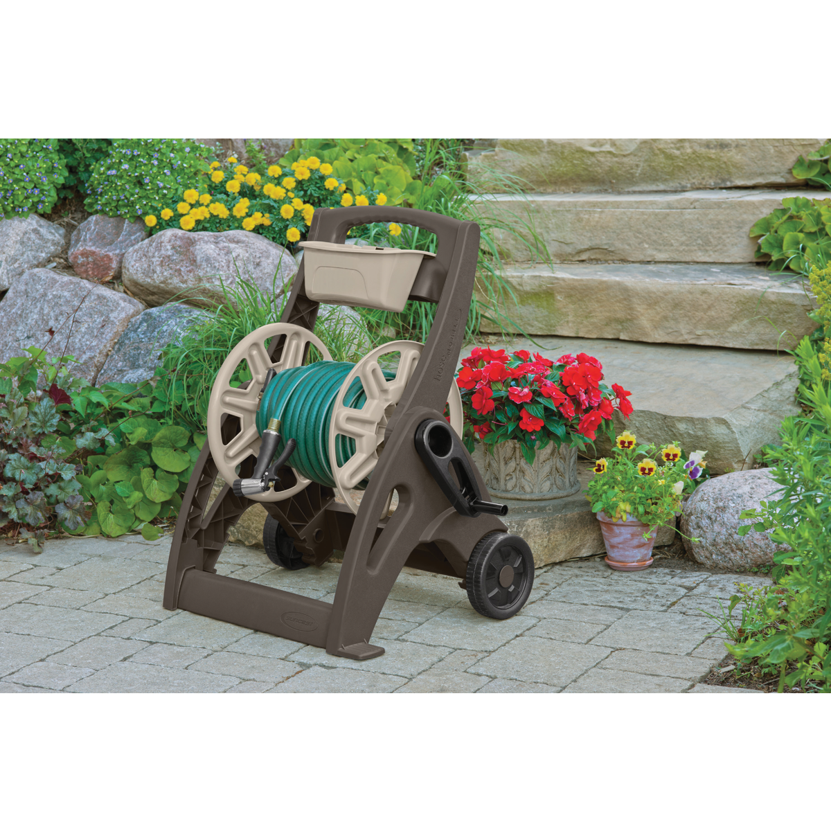 Suncast 225 Ft. x 5/8 In. Taupe & Bronze Hosemobile Resin Hose Reel with Storage Bin Image 2