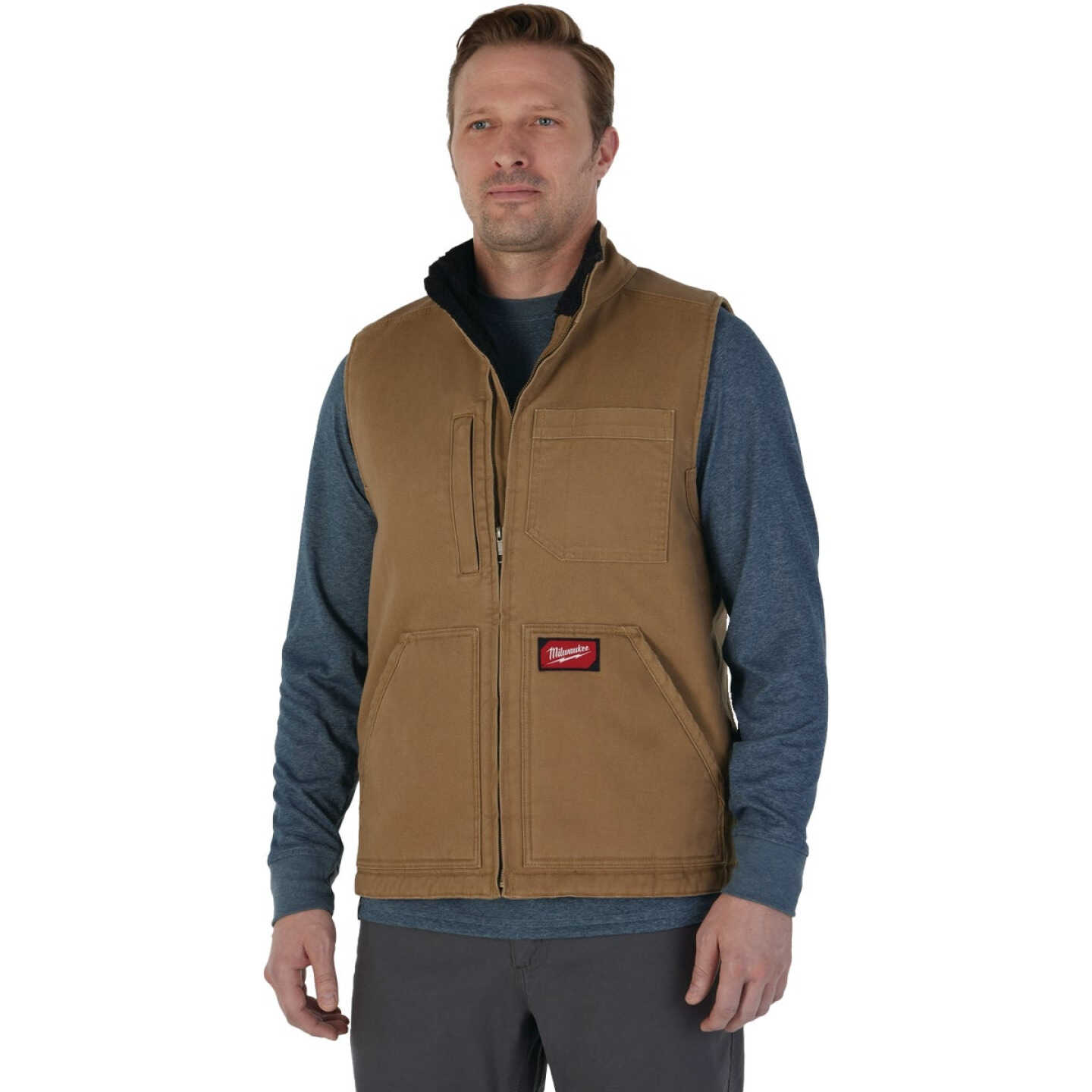 Milwaukee GRIDIRON Men's 2XL Brown Sherpa-Lined Vest Image 1