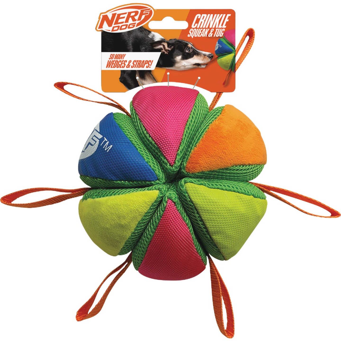 Nerf Dog 5.9 In. Plush Squeak & Crunch Wedge Ball with Straps Image 1