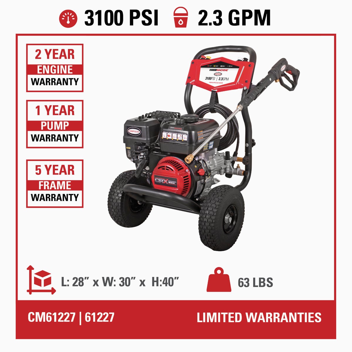 Simpson Megashot 3100 PSI 2.4 GPM Cold Water Gas Pressure Washer Image 3