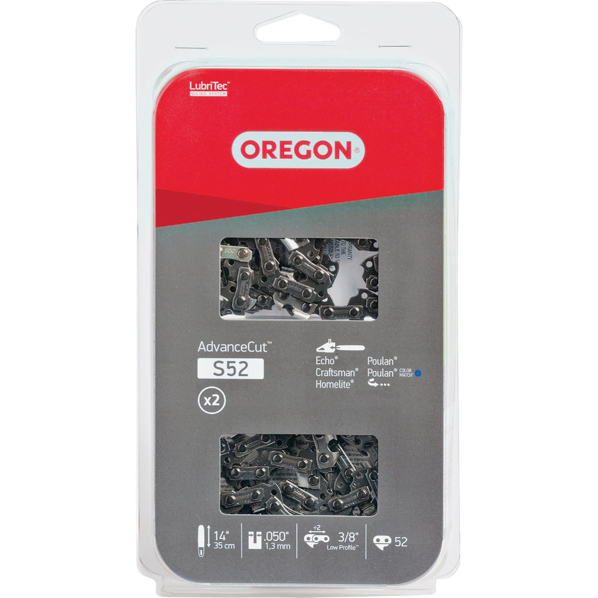 Oregon S52T AdvanceCut Chainsaw Chains 2-Pack for 14 in. Bar - 52 Drive Links - fits Echo, Craftsman, Poulan, Homelite, Makita Husqvarna and more Image 1