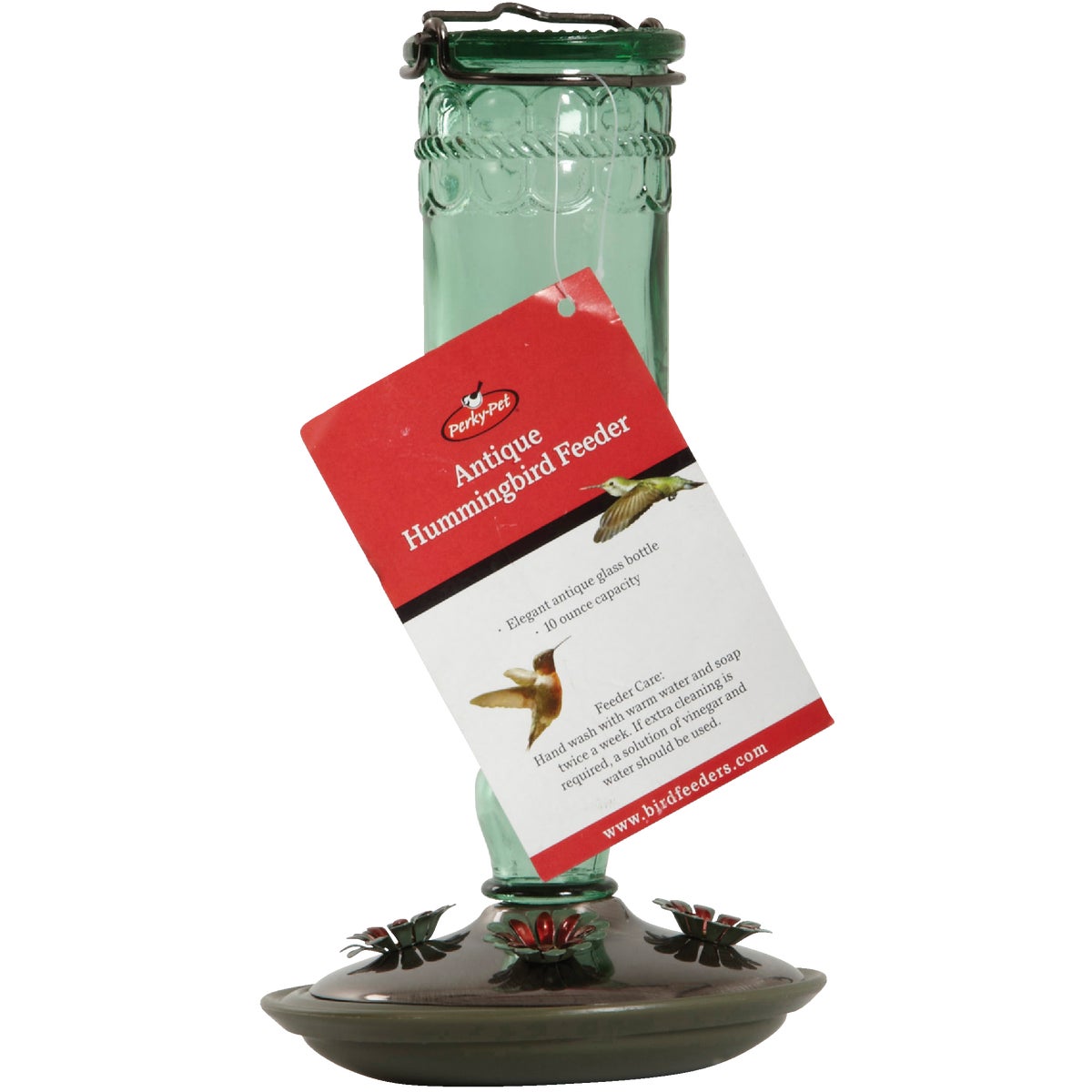 Perky-Pet 10 Oz. Green Glass Antique Bottle Hummingbird Feeder Image 2