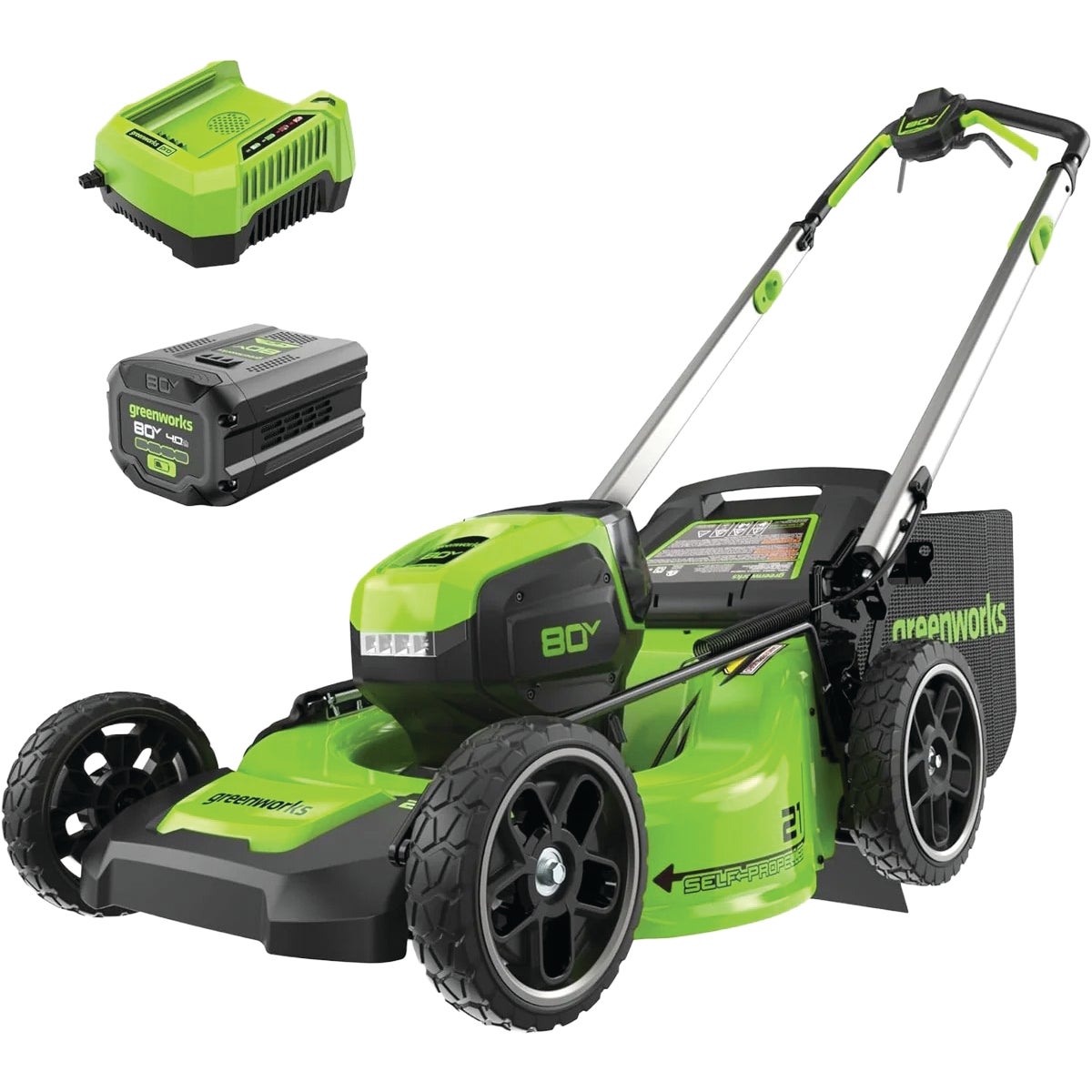 Greenworks 21 In. Self-Propelled Lawn Mower with Dual Battery Ports and 5.0 Ah Battery & 4 Amp Rapid Charger