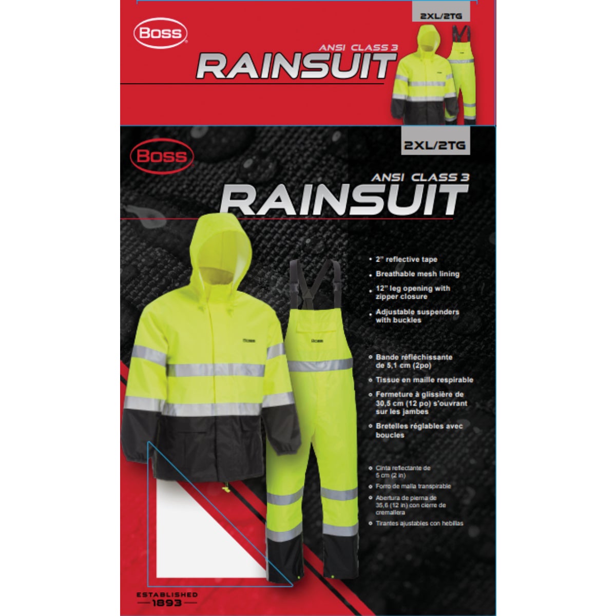 Boss 2XL 2-Piece ANSI Class 3 Hi-Visibility Rain Suit Image 2