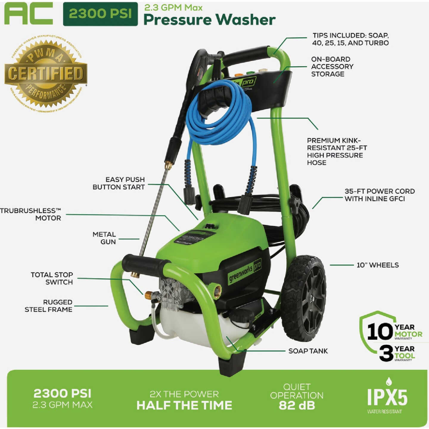 Greenworks 2300-PSI 2.3 GPM Cold Water Corded Electric Pressure Washer Image 4