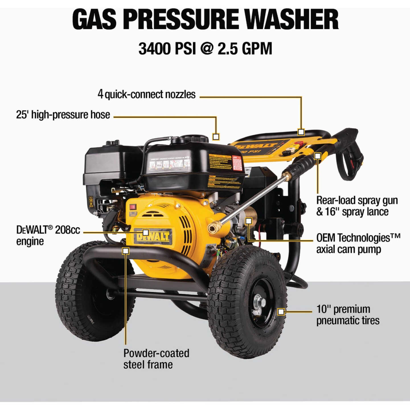DEWALT 3400 PSI 2.5 GPM Gas Cold Water Pressure Washer with Manual Recoil + E-Start Engine Image 2