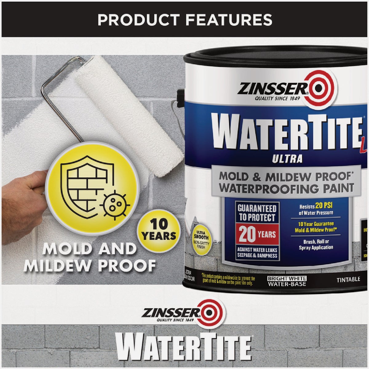 Zinsser WaterTite LX Ultra 1 Qt. Mold & Mildew Proof Bright White Waterproofing Paint Image 4