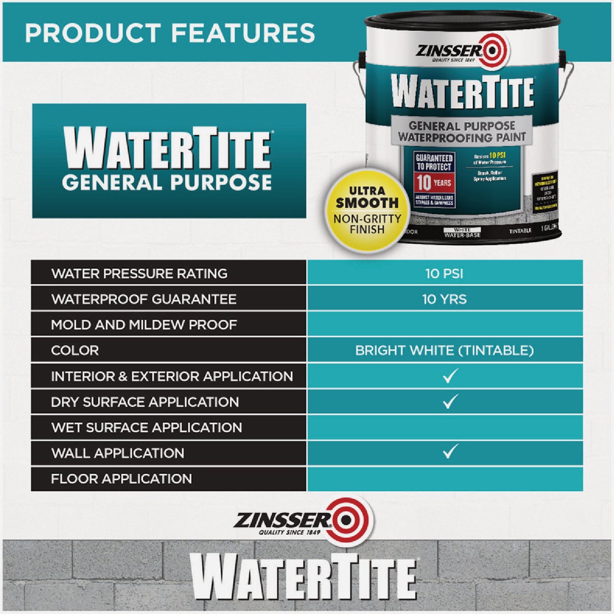 Zinsser WaterTite White General Purpose Waterproofing Paint, 5 Gal. Image 3
