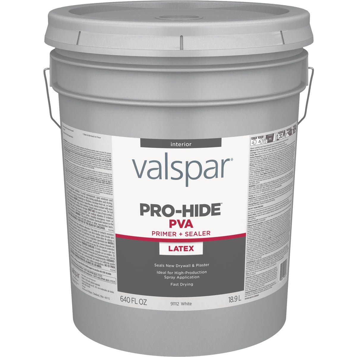 Valspar Pro-Hide PVA Interior Latex Drywall Primer, White, 5 Gal.