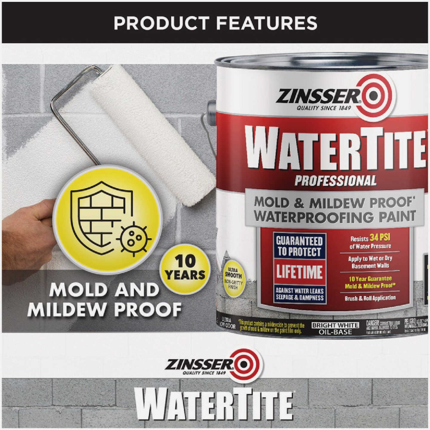Zinsser WaterTite Professional Bright White Mold and Mildew-Proof Waterproofing Paint, 1 Gal. Image 5