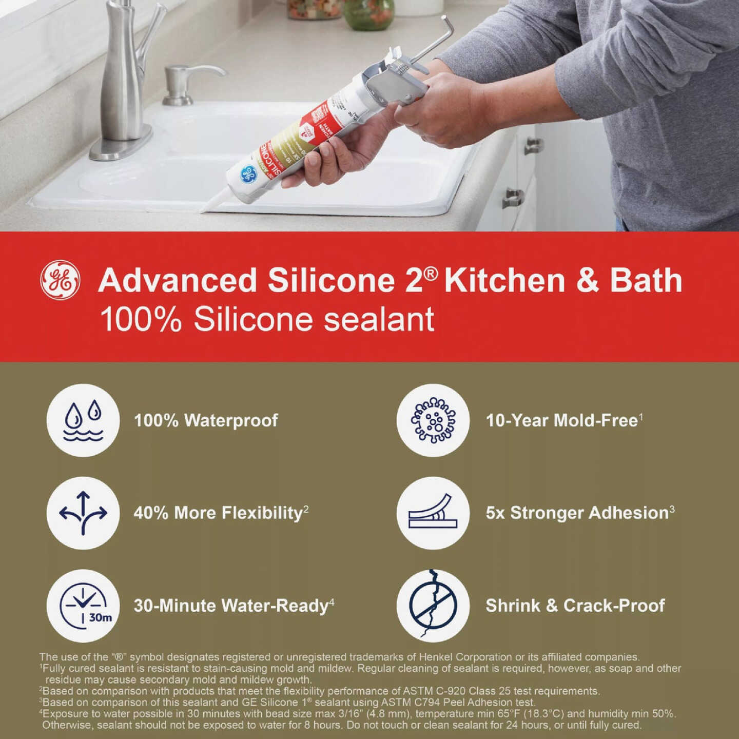 GE Advanced Silicone Kitchen & Bath Sealant, Clear, 10.1 Oz. Cartridge Image 4