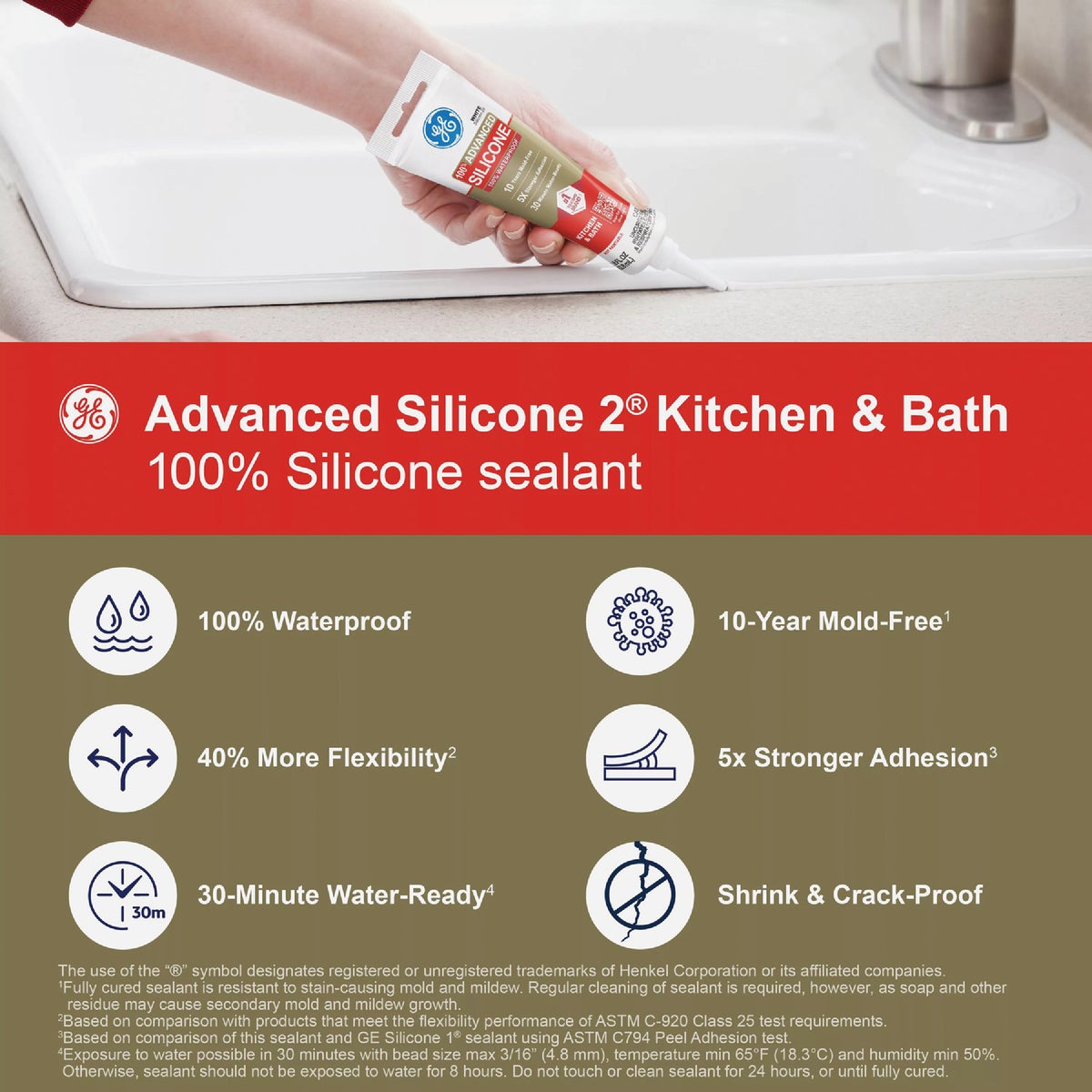 GE Advanced Silicone Kitchen & Bath Sealant, Clear, 2.8  Oz. Tube Image 4