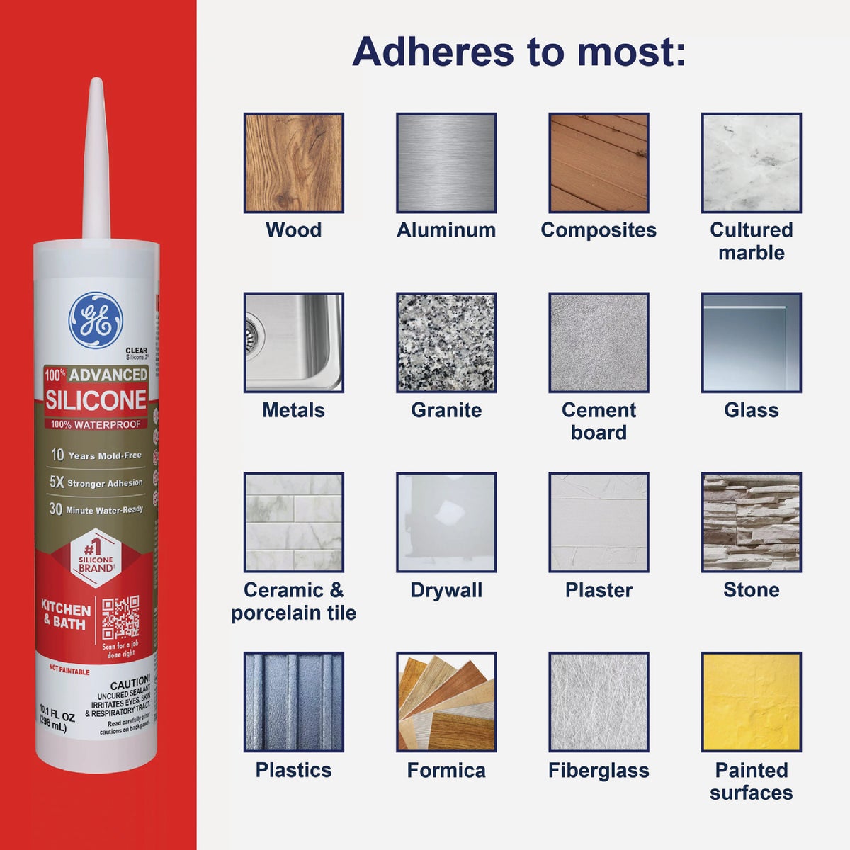 GE Advanced Silicone Kitchen & Bath Sealant, White, 10.1  Oz. Cartridge Image 6