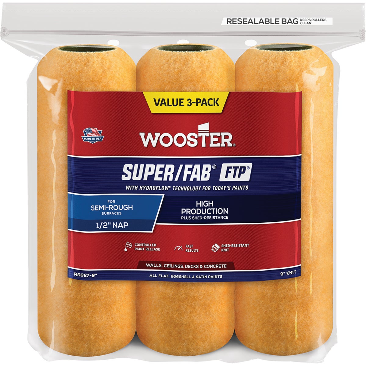 Wooster Super/Fab FTP 9 In. x 1/2 In. Knit Fabric Roller Cover (3- Pack) Image 1