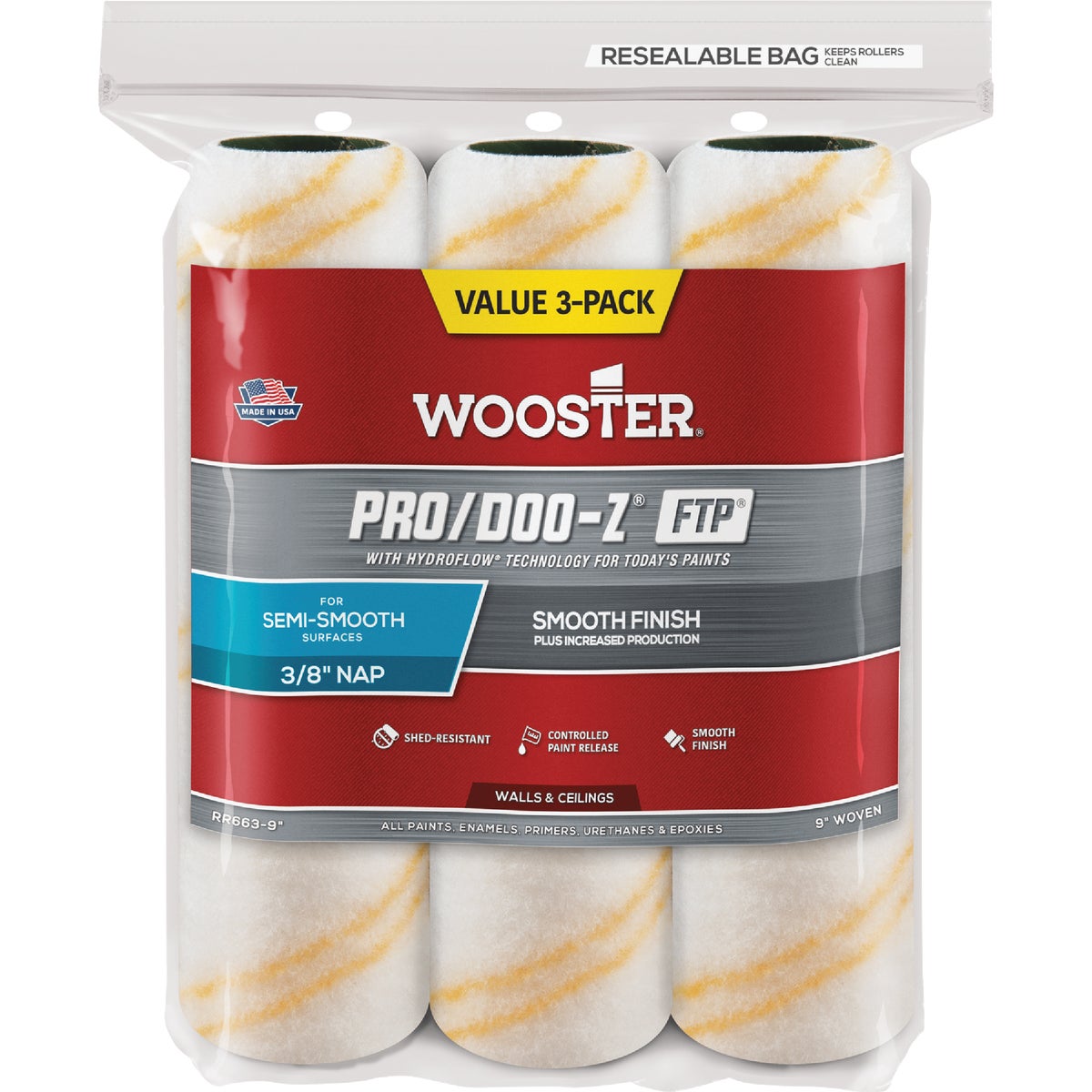 Wooster Pro/Doo-Z FTP 9 In. x 3/8 In. Woven Fabric Roller Cover (3-Pack) Image 1