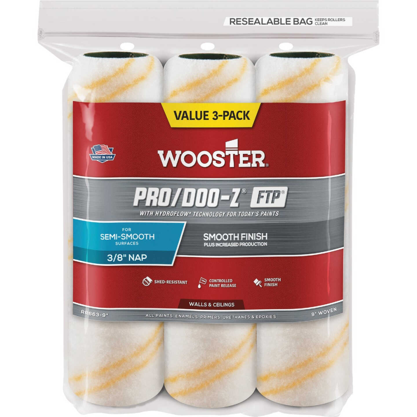 Wooster Pro/Doo-Z FTP 9 In. x 3/8 In. Woven Fabric Roller Cover (3-Pack) Image 1
