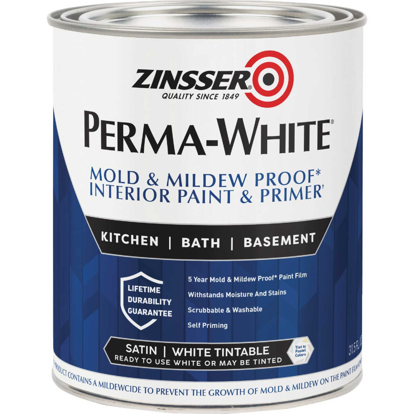 Zinsser Perma-White White-Tintable Satin Quart Mildew Paint Image 1