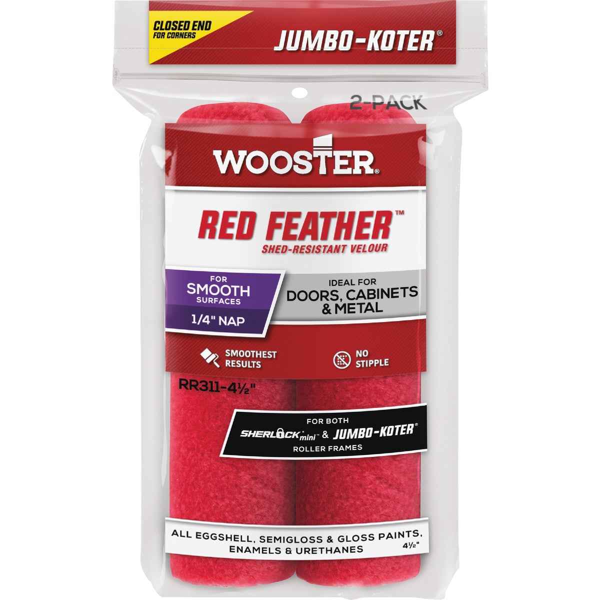 Wooster Jumbo-Koter Red Feather 1/2 In. x 4.5 In. Velour Roller Cover (2-Pack)