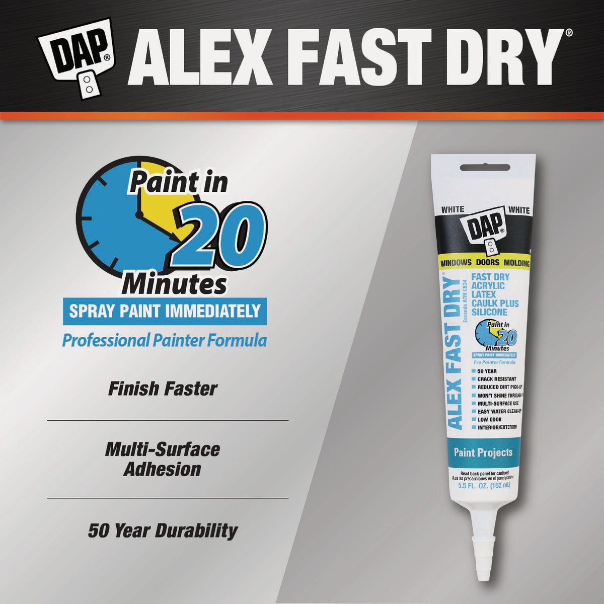 Dap Alex Fast Dry 5.5 Oz. White Siliconized Acrylic Latex Caulk  Image 2