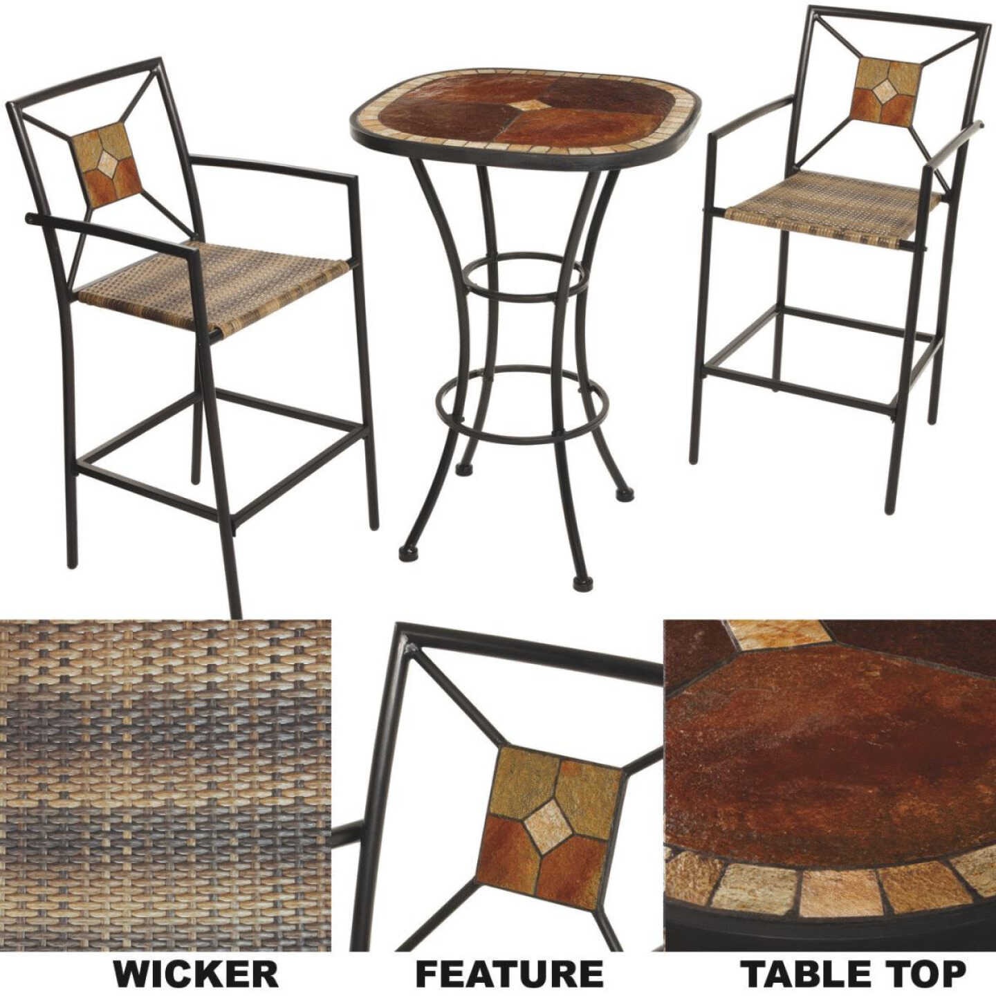 St Claire 3-Piece Bar Bistro Set With Brown Wicker Seats Image 10