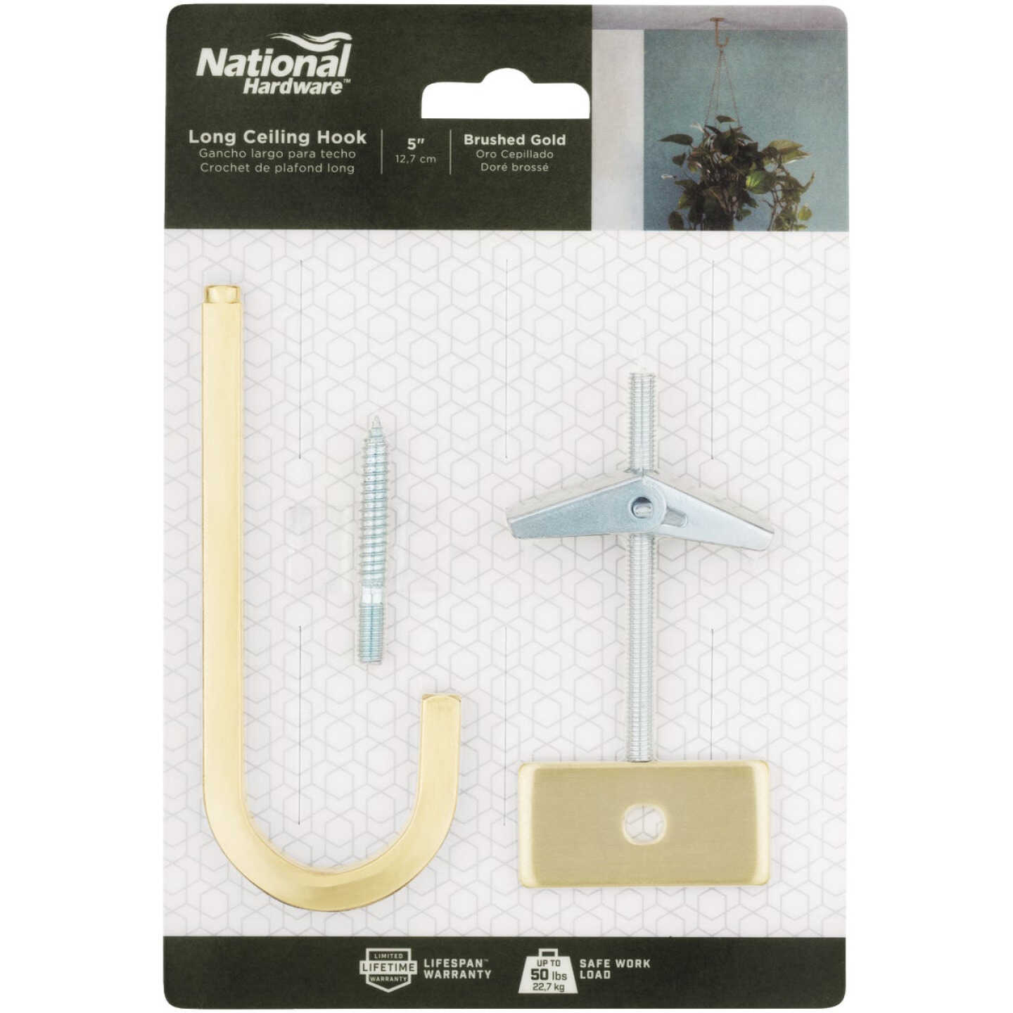 National Hardware 5 In. Brushed Gold Steel Long Ceiling Plant Hook Image 3