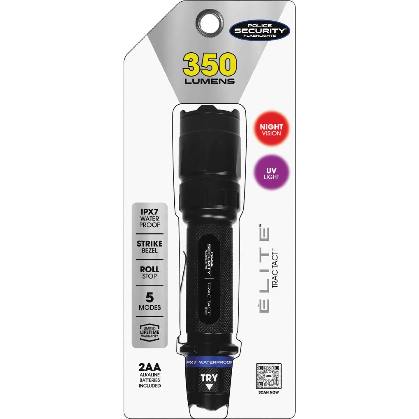 Police Security Trac-Tact 2AA 350 Lm. Tactical LED Flashlight with UV & Red LED Modes Image 3