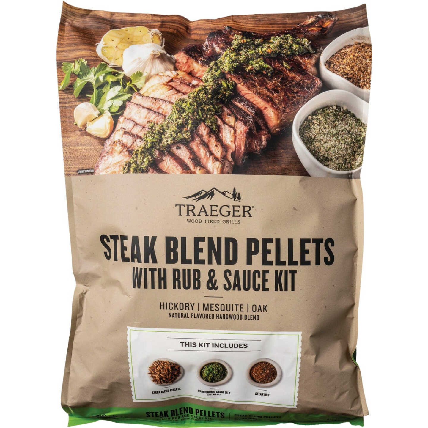 Traeger 18 Lb. Ultimate Steak Blend All-Natural Wood Grilling Pellets with Rub & Sauce Kit Image 1
