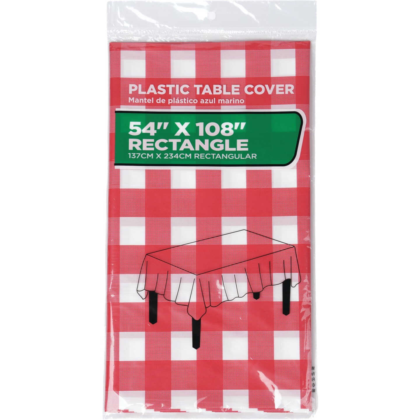54 In. x 108 In. Red & White Gingham Rectangular Plastic Table Cover Image 1