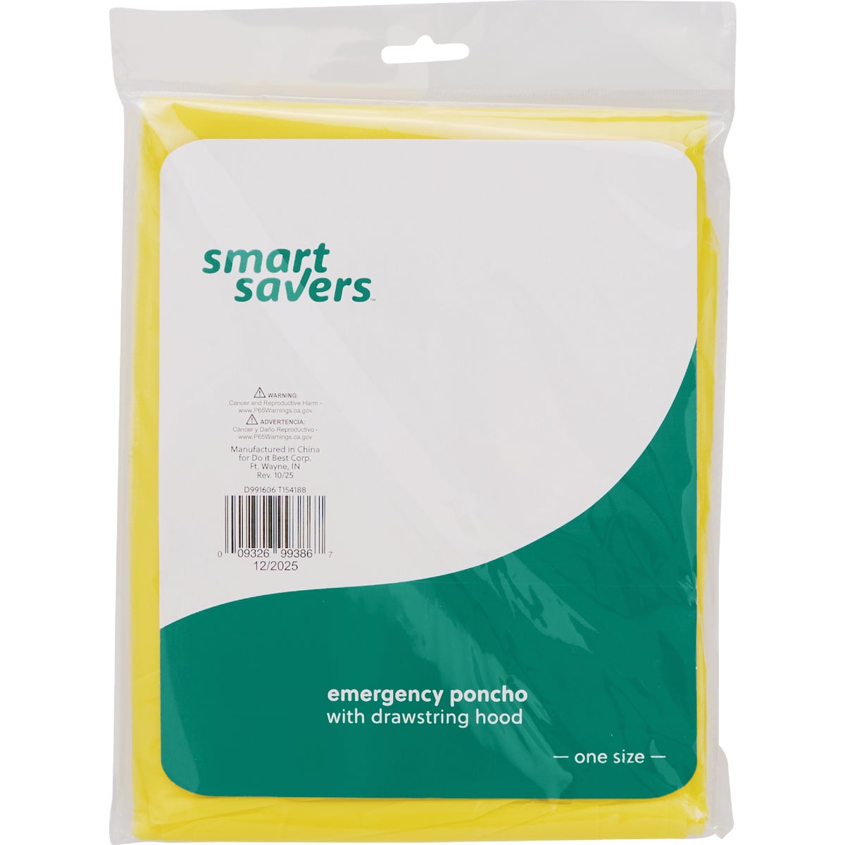 Smart Savers 52 In. x 40 In. Yellow Lightweight Rain Poncho